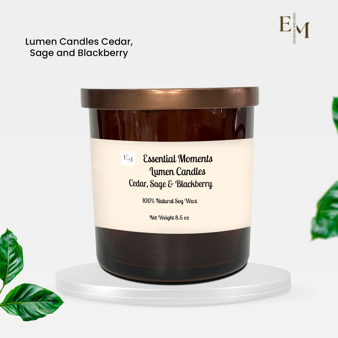 Lumen Candles Cedar, Sage and Blackberry candle with a label on a white background